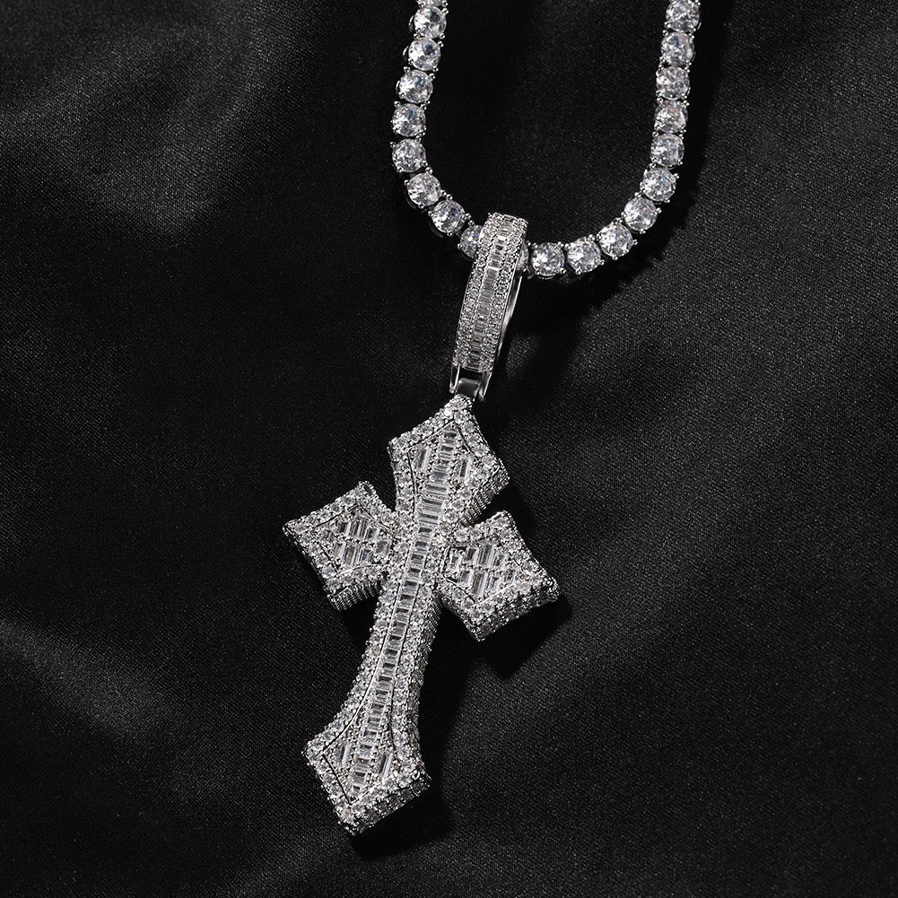 Iced Cross Pendant with Baguette Zircon Stones