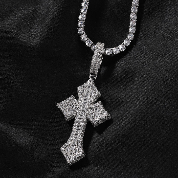 Silver-tone stone-set flared cross pendant on black fabric