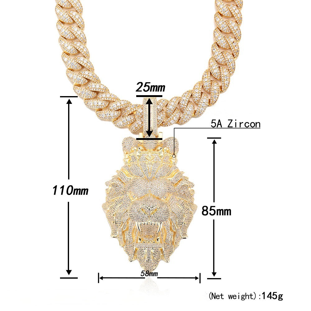 Gold necklace with lion pendant and measurements on a white background