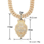 Gold necklace with lion pendant and measurements on a white background