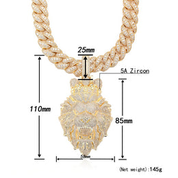 Gold necklace with lion pendant and measurements on a white background
