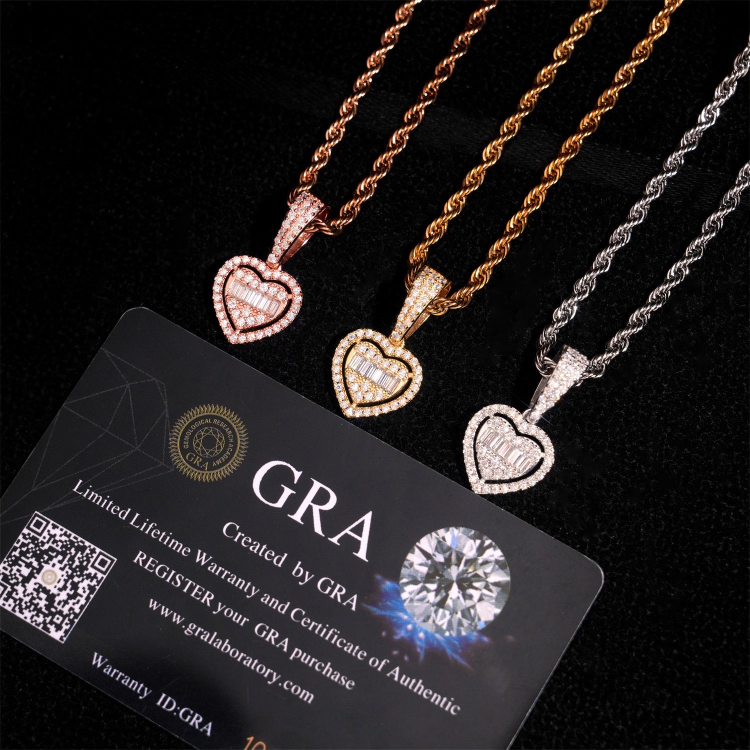 Iced moissanite heart pendant fitted on a rope chain