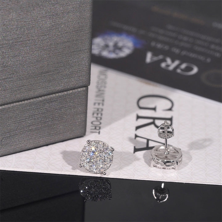 Silver-tone cluster stud earrings showing front and back beside GRA cards
