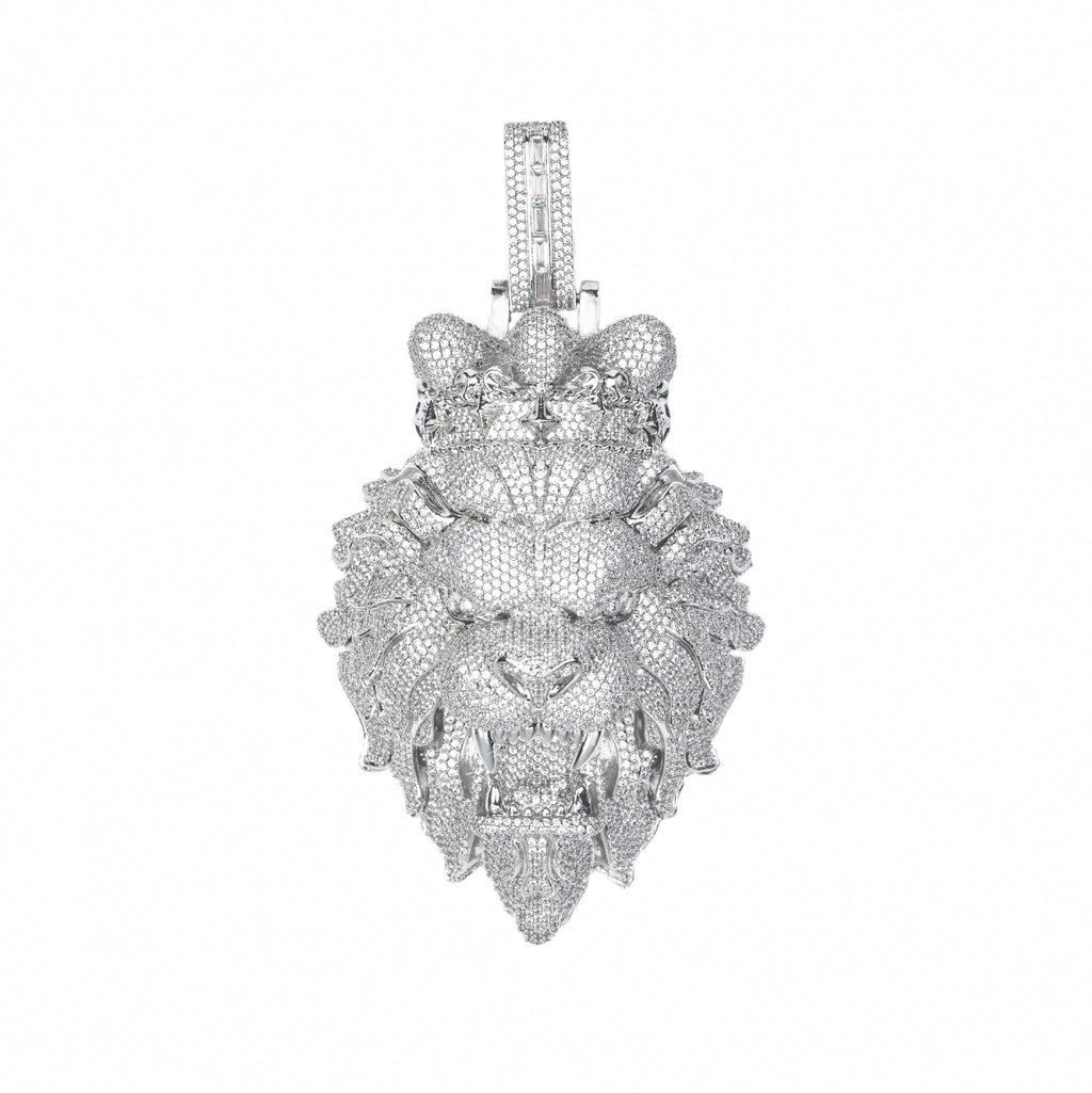 Diamond-encrusted lion head pendant on a white background