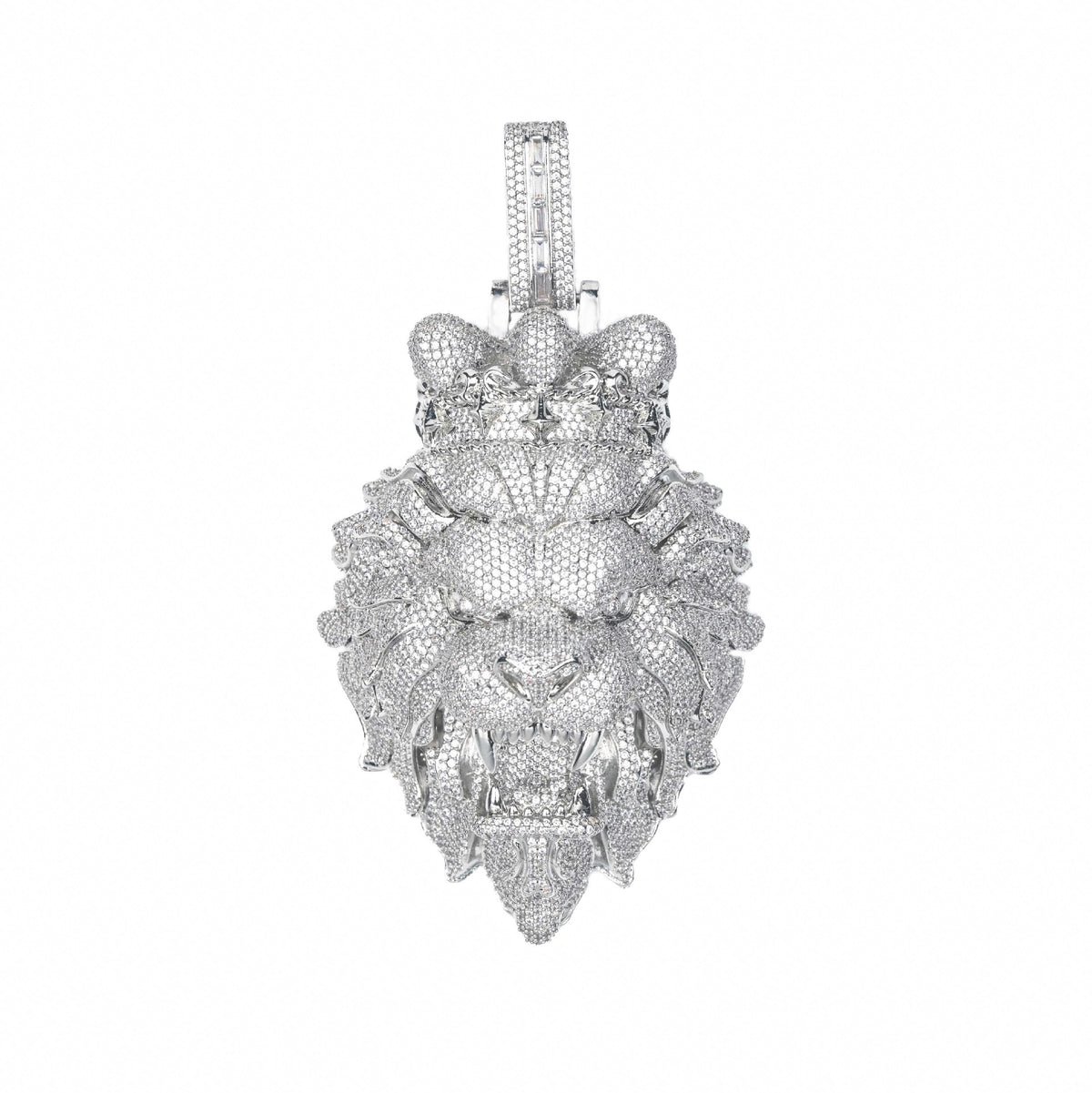 Diamond-encrusted lion head pendant on a white background