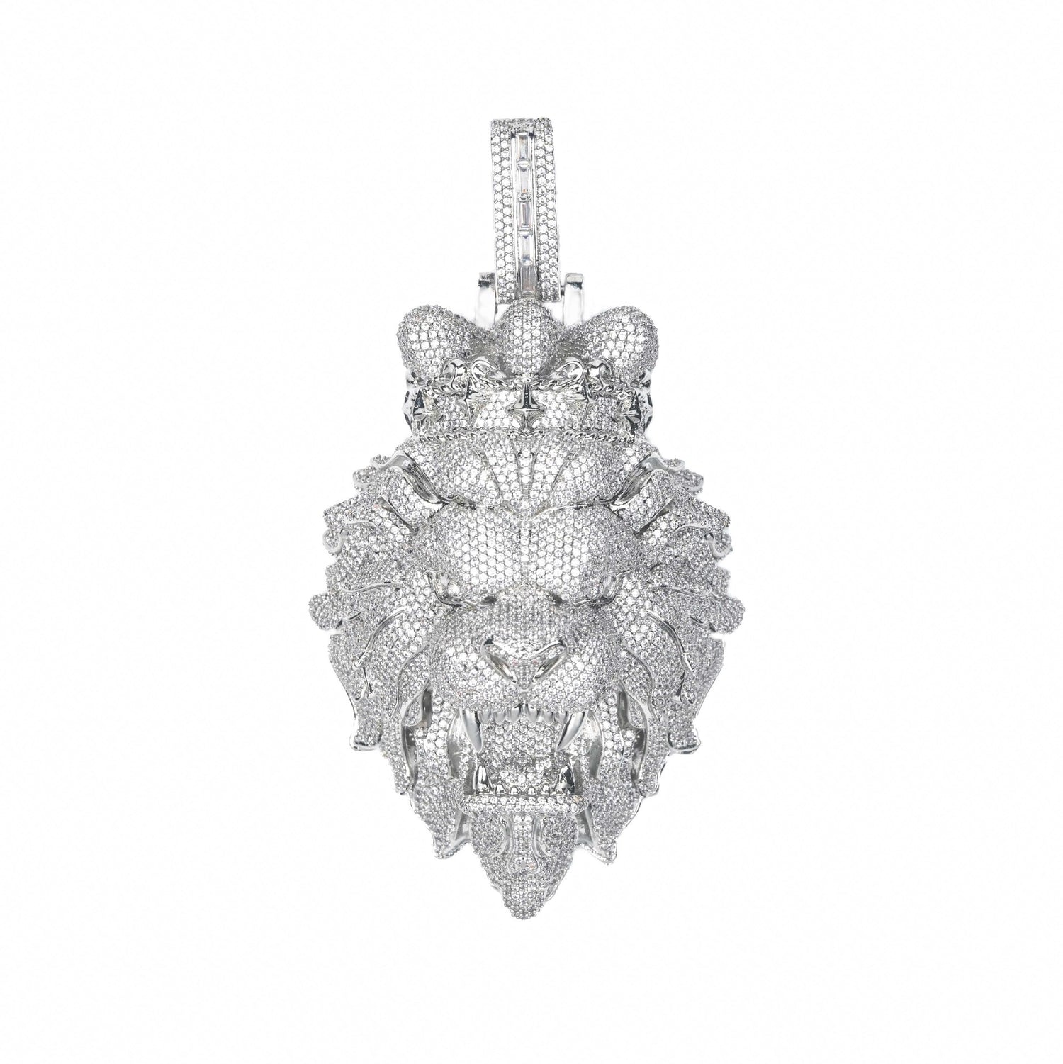 Diamond-encrusted lion head pendant on a white background