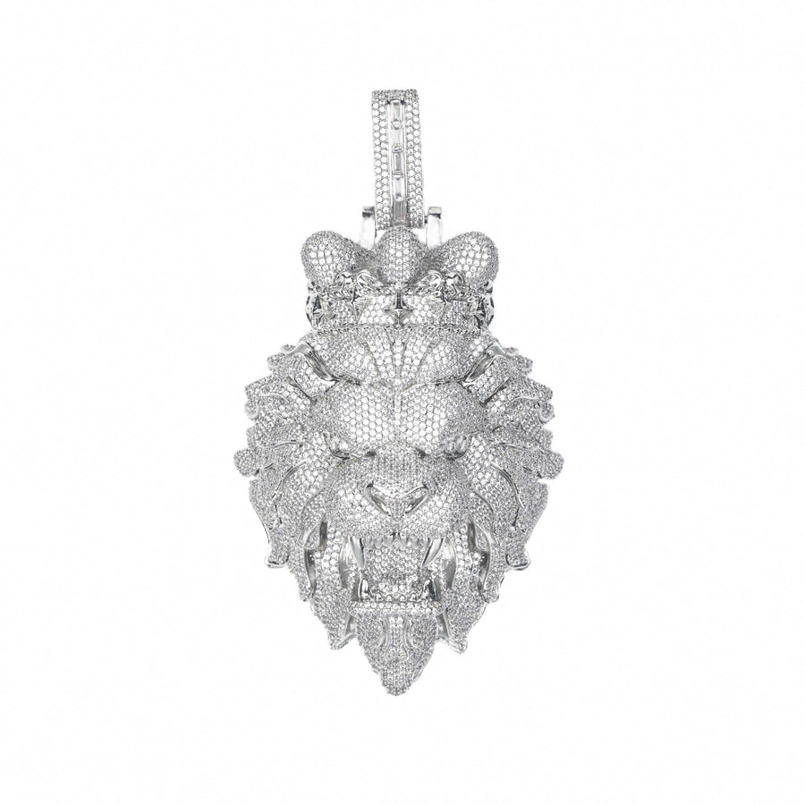 Diamond-encrusted lion head pendant on a white background