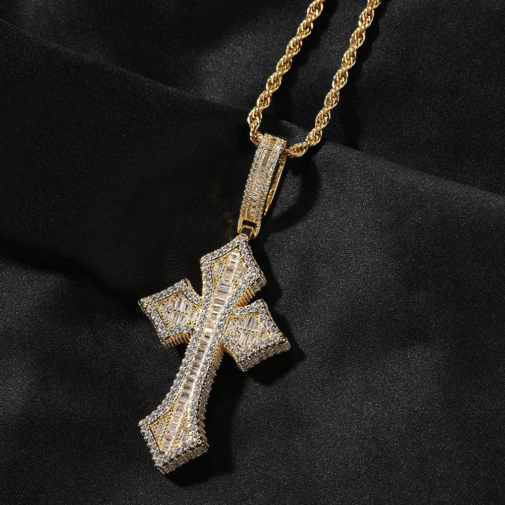 Iced Cross Pendant with Baguette Zircon Stones