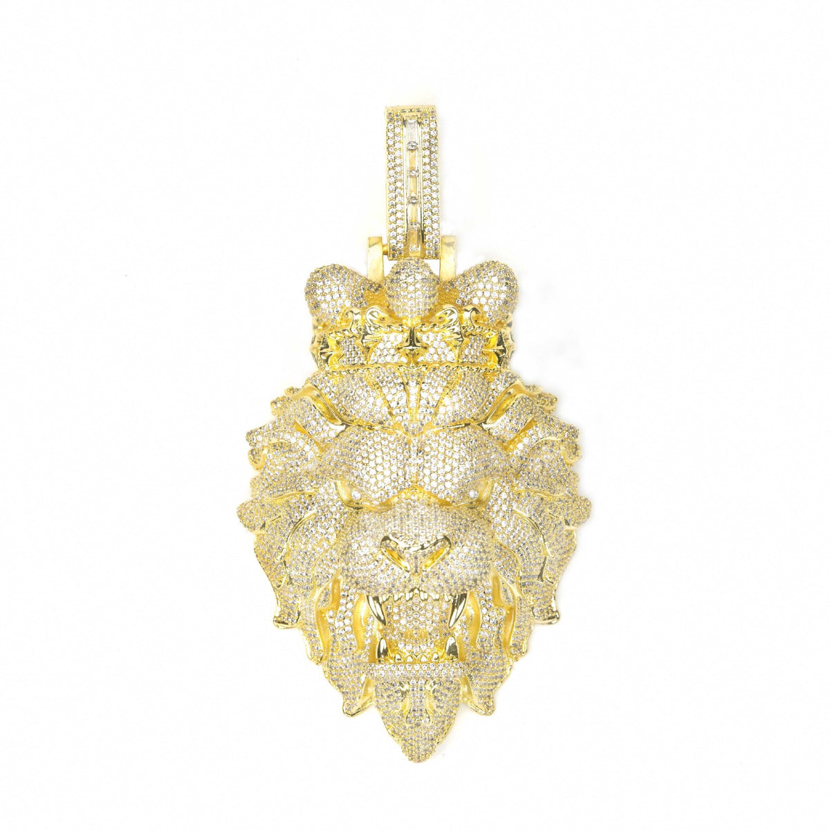 Gold lion-shaped pendant on a white background