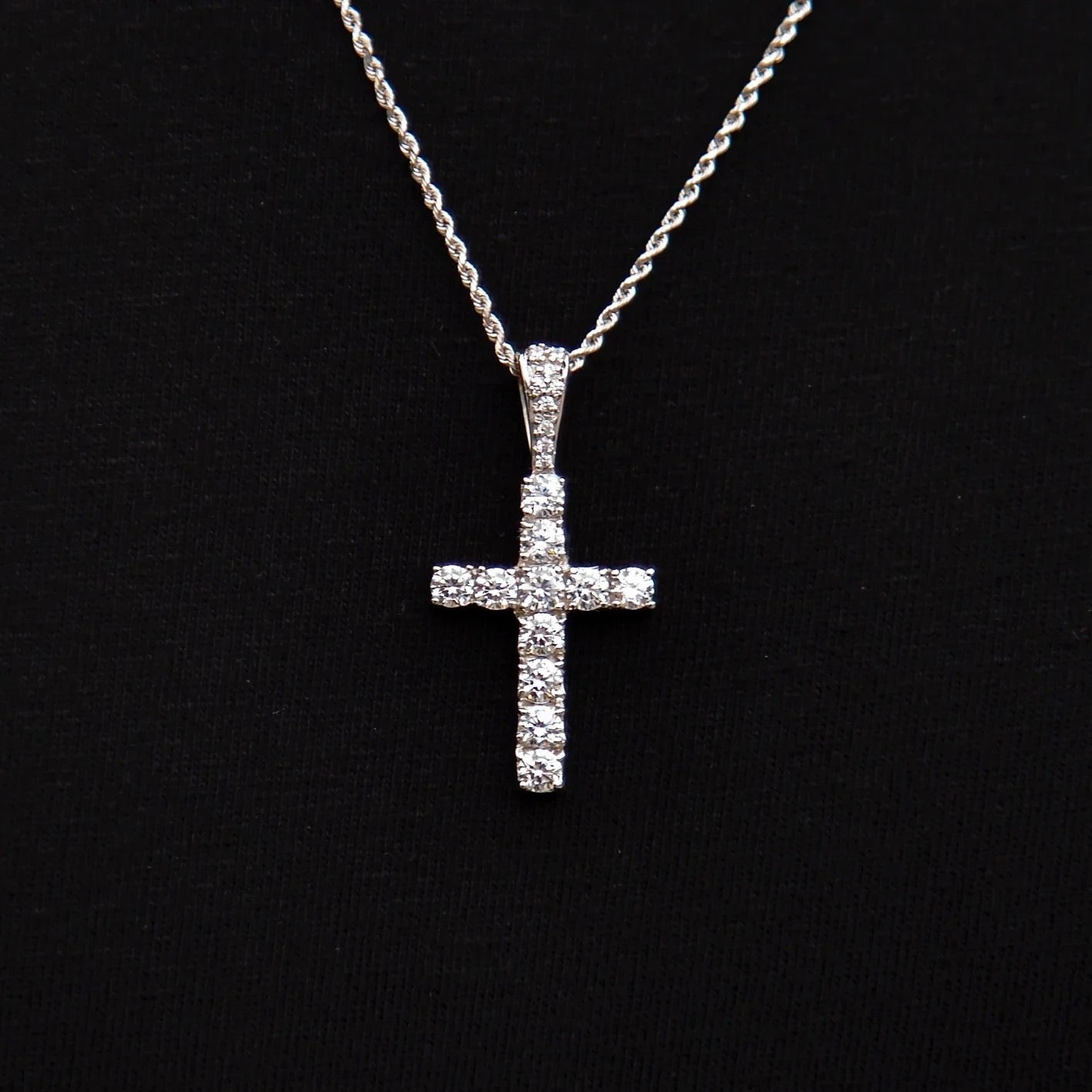Iced Out 3mm Moissanite Cross Pendant 925 Sterling Silver with 2mm Rope Chain