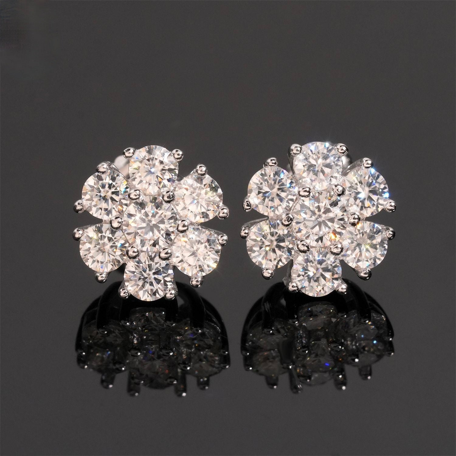 Petal Flower Moissanite Stud Earrings Screw Back - 925 Sterling Silver — product image 2
