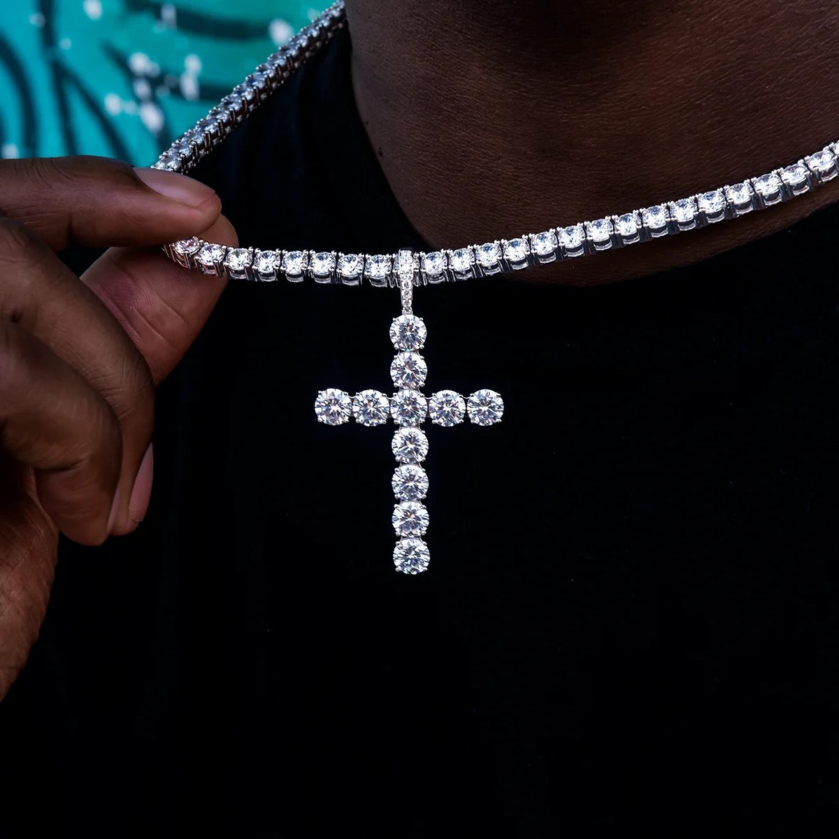 Iced Out 6.5mm Moissanite Cross Pendant 925 Sterling Silver with 4mm Tennis Chain