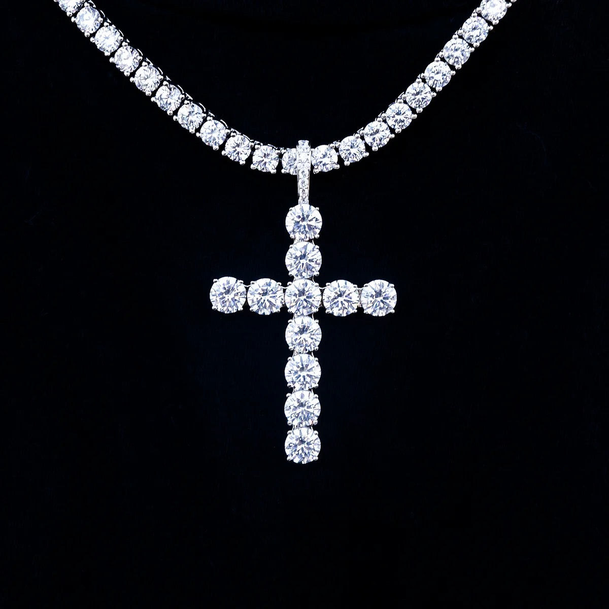 Iced Out 6.5mm Moissanite Cross Pendant 925 Sterling Silver with 4mm Tennis Chain