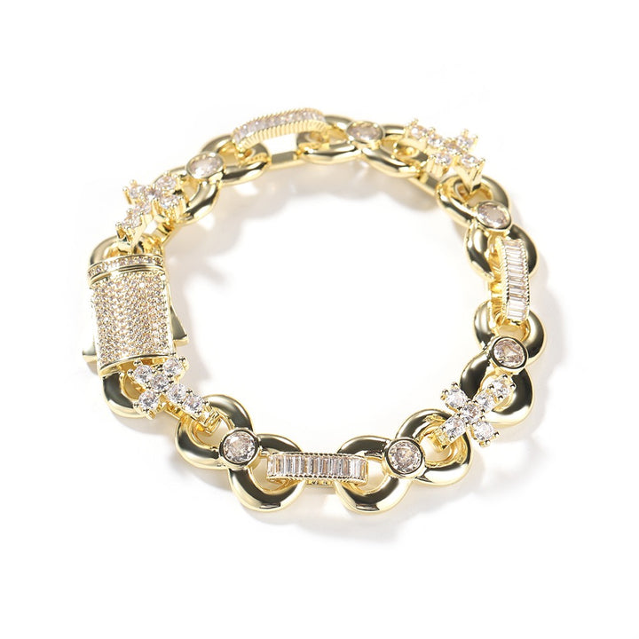 Gold-tone bracelet with alternating oval and round links and a rectangular clasp