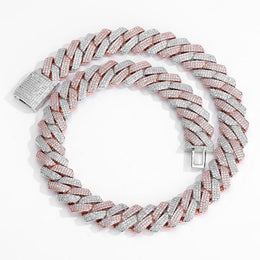 Silver and pink two-tone 20mm iced Cuban chain with three rows of CZ stones