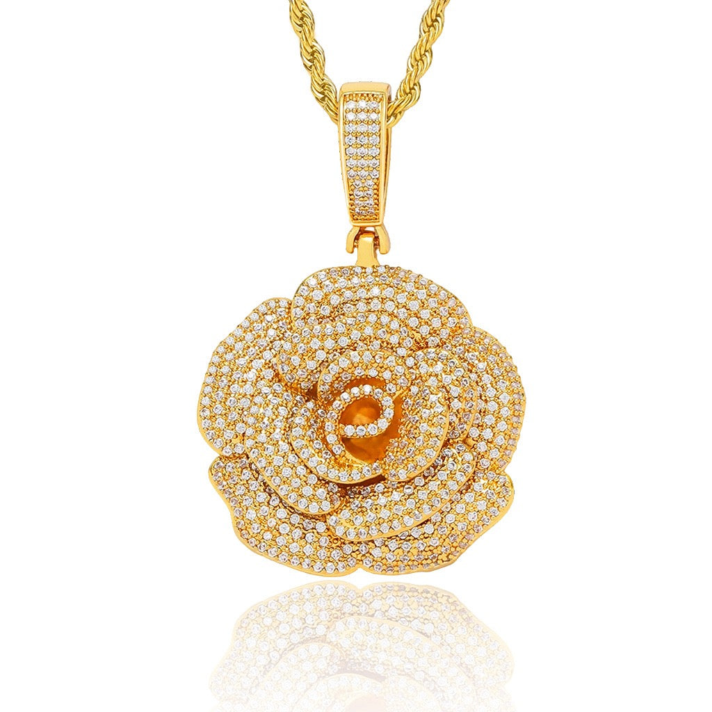 Iced Rose Flower Pendant – CZ Diamond Look, Gold/Silver/Rose Gold- Miles Jewellery