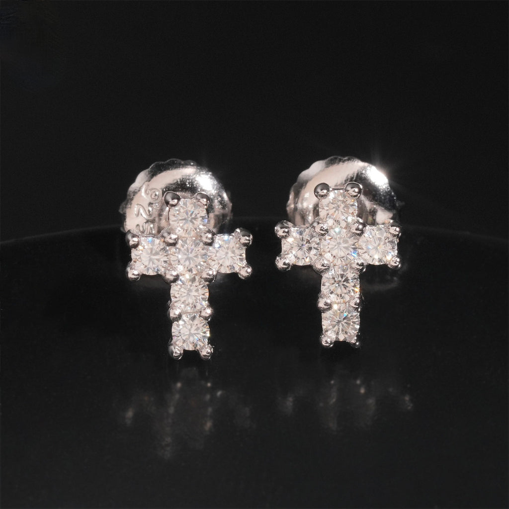 Moissanite Cross Stud Earrings Screw Back - 925 Sterling Silver