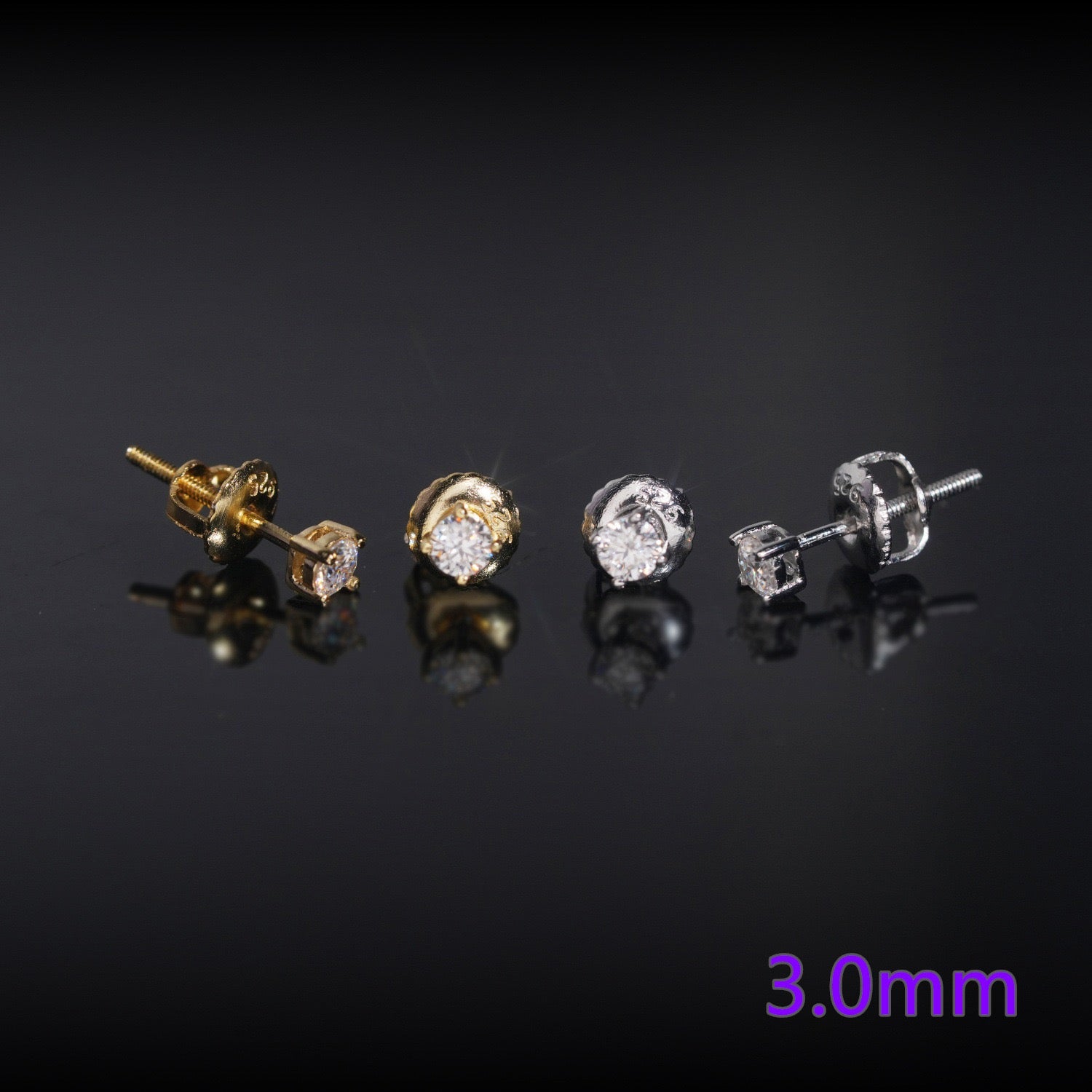 Two pairs of 3.0mm stud earrings displayed on a reflective black surface, showing both gold and silver finishes with moissanite.