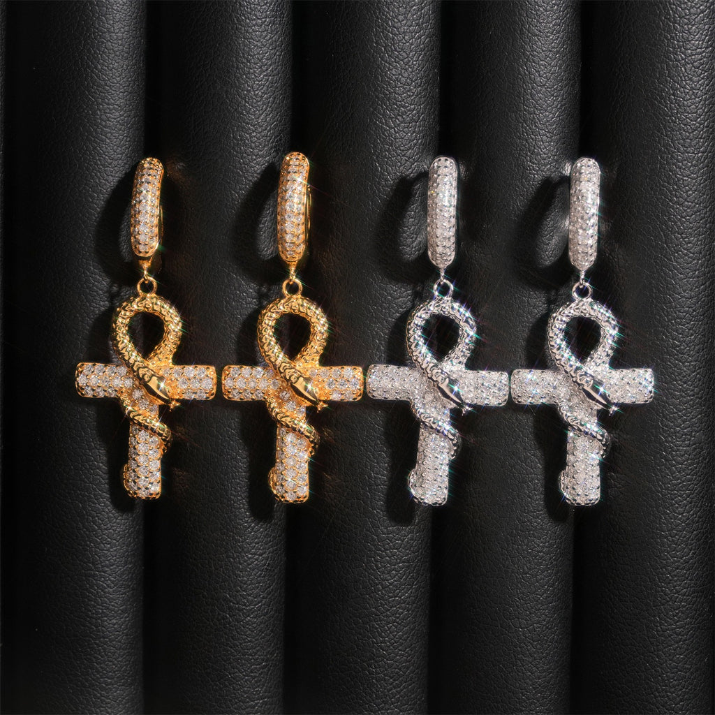 Iced Ankh Cross Moissanite Drop Earrings - 925 Sterling Silver