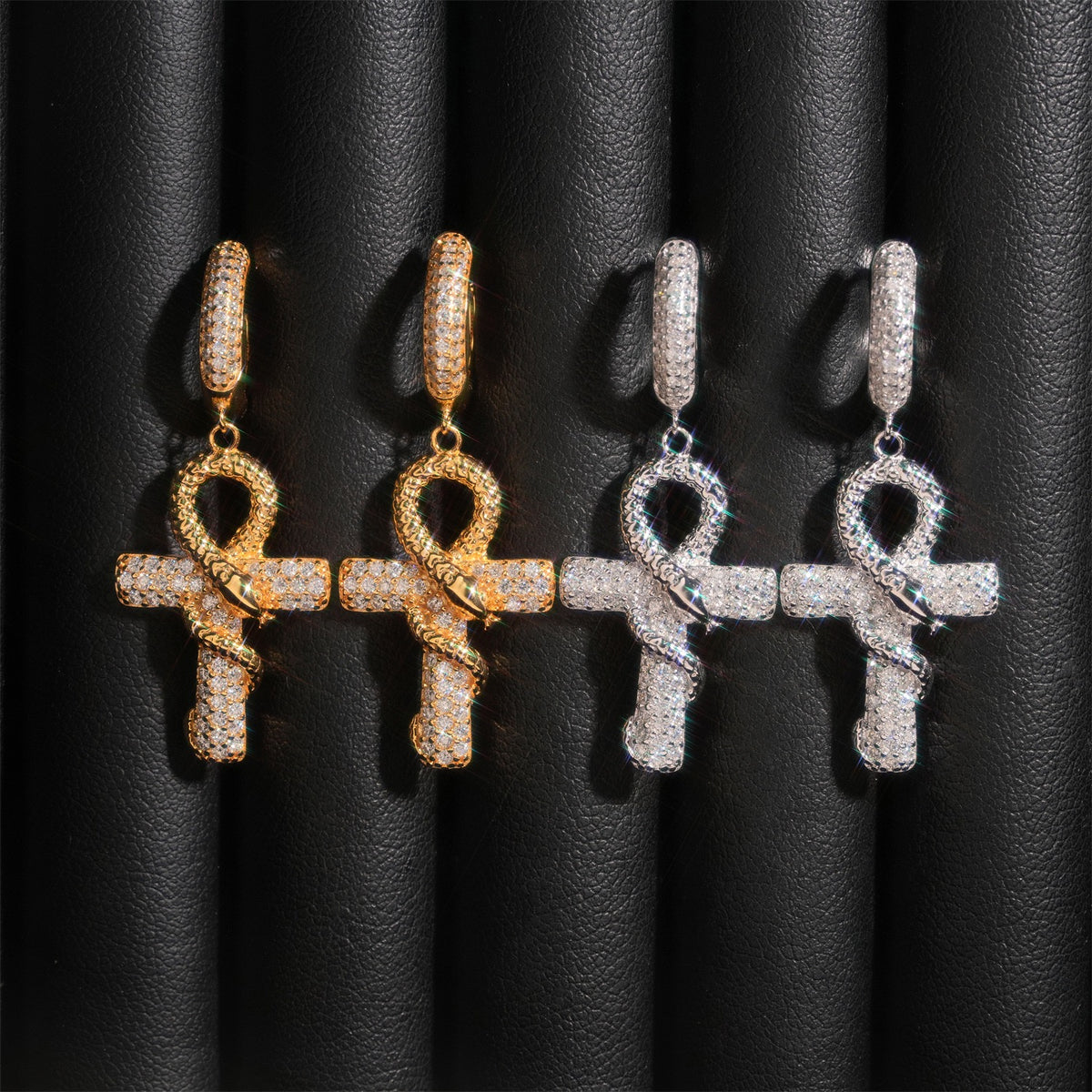 Iced Ankh Cross Moissanite Drop Earrings - 925 Sterling Silver