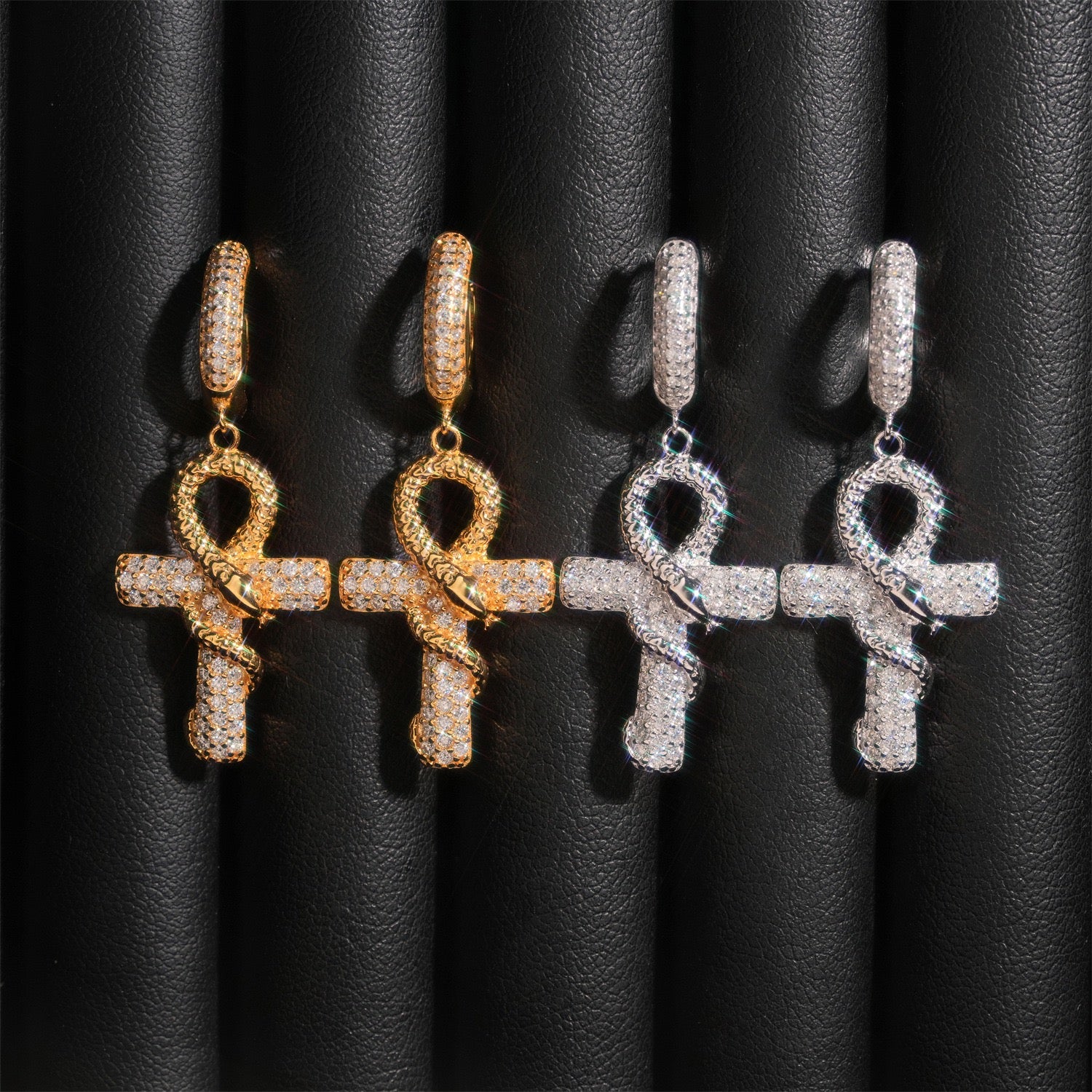 Iced Ankh Cross Moissanite Drop Earrings - 925 Sterling Silver — product image 3