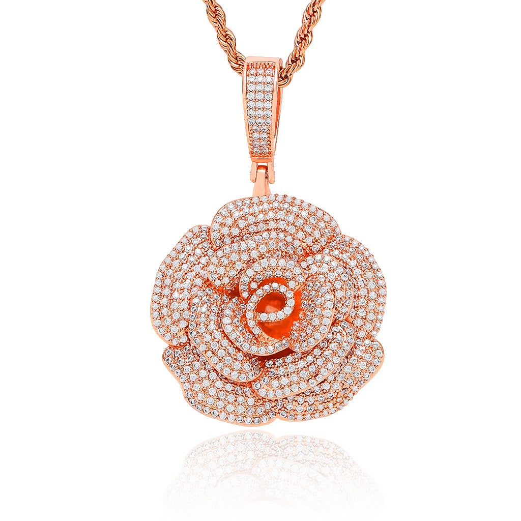 Iced Rose Flower Pendant – CZ Diamond Look, Gold/Silver/Rose Gold- Miles Jewellery