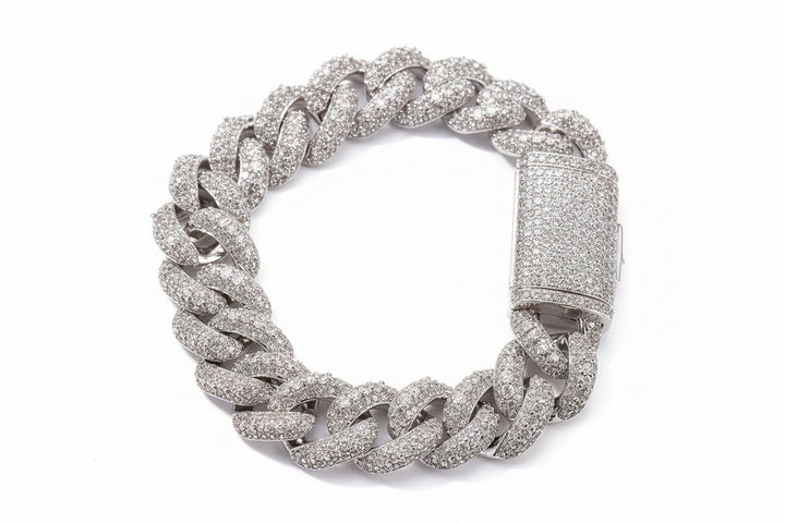 Silver-tone wide stone-set Cuban link bracelet with rectangular clasp