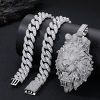 Silver chain bracelet and lion head pendant on a black background