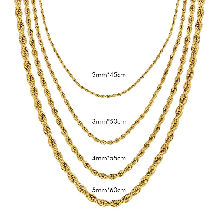 Gold-tone rope chain comparison: 2 mm x 45 cm, 3 mm x 50 cm, 4 mm x 55 cm and 5 mm x 60 cm