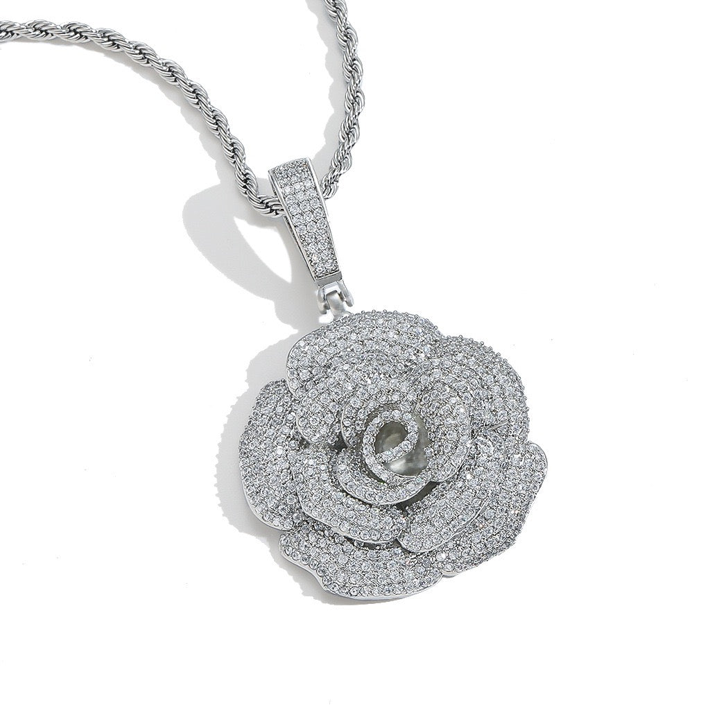 Iced Rose Flower Pendant – CZ Diamond Look, Gold/Silver/Rose Gold- Miles Jewellery