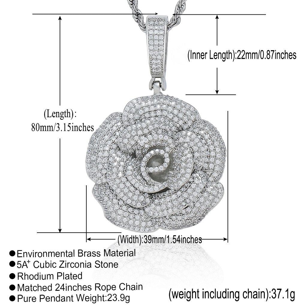 Iced Rose Flower Pendant – CZ Diamond Look, Gold/Silver/Rose Gold- Miles Jewellery