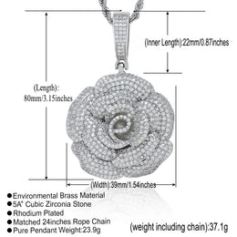 Iced Rose Flower Pendant – CZ Diamond Look, Gold/Silver/Rose Gold- Miles Jewellery