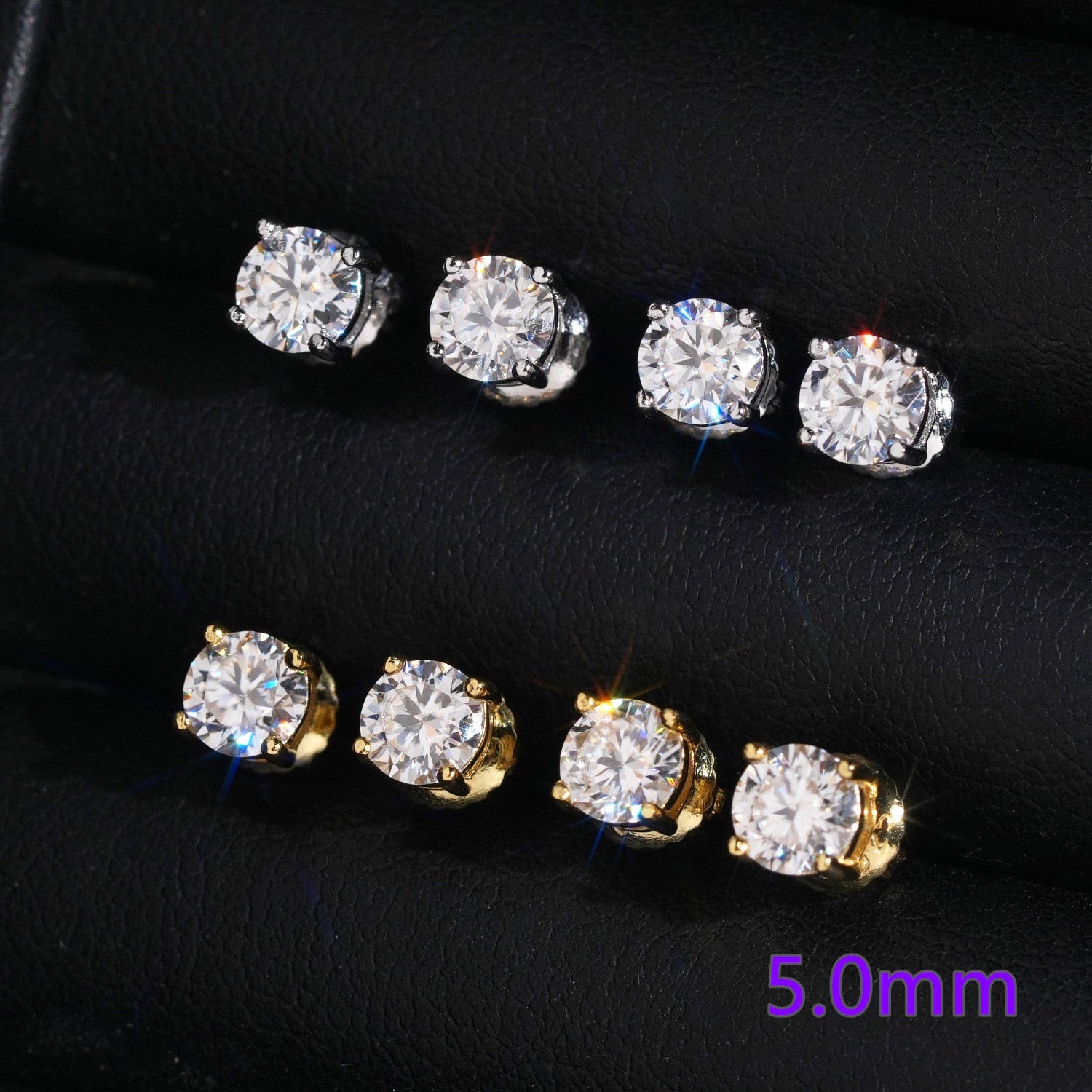 5mm four prong moissanite stud earrings in silver and gold