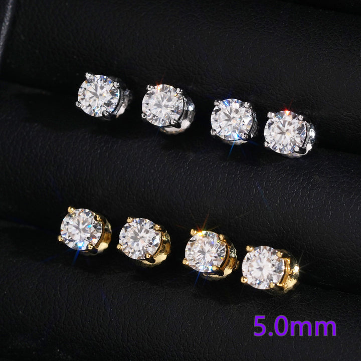 5mm four prong moissanite stud earrings in silver and gold