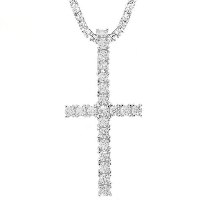 Silver-tone stone-set inverted cross pendant on a chain