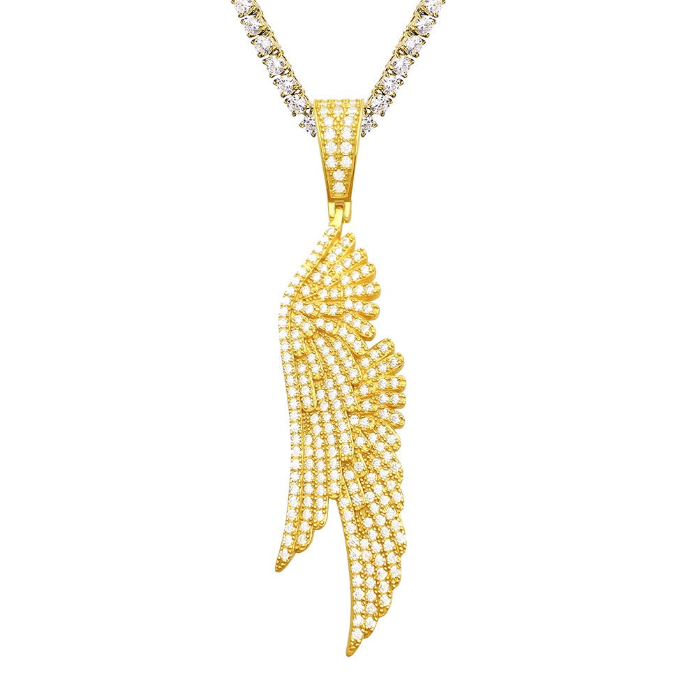 Iced out angel wing pendant in gold finish