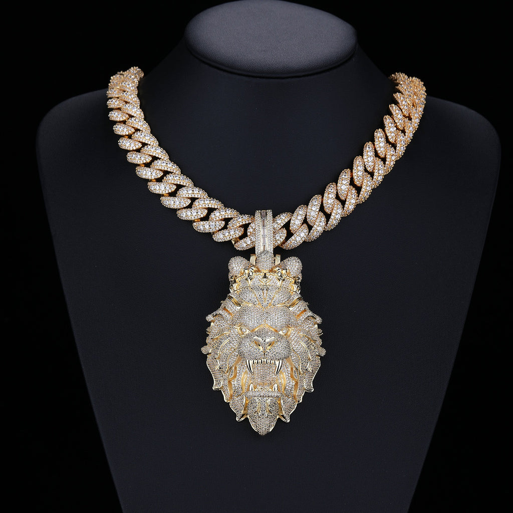 Luxury diamond necklace with a lion pendant on a black background