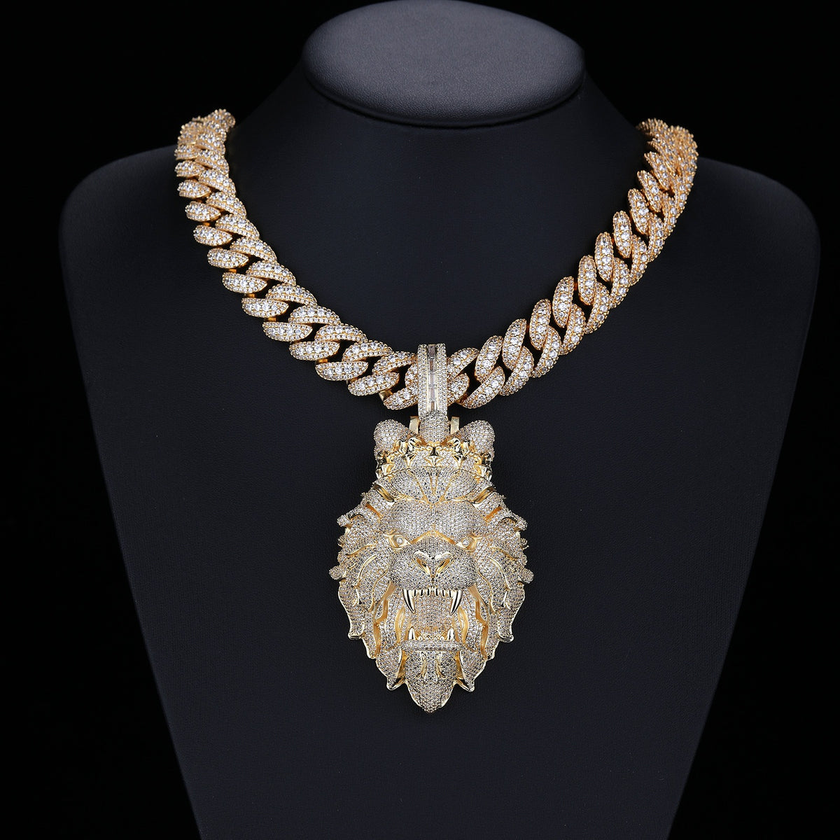 Luxury diamond necklace with a lion pendant on a black background