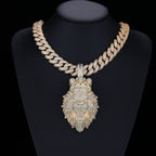 Luxury diamond necklace with a lion pendant on a black background