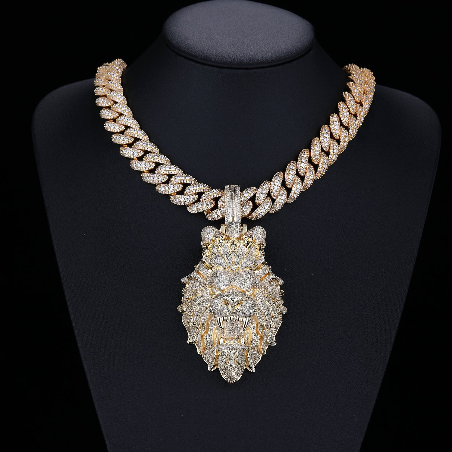 Luxury diamond necklace with a lion pendant on a black background