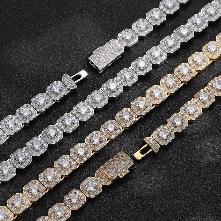 Gold-tone and silver-tone halo-link tennis chains showing clasp ends