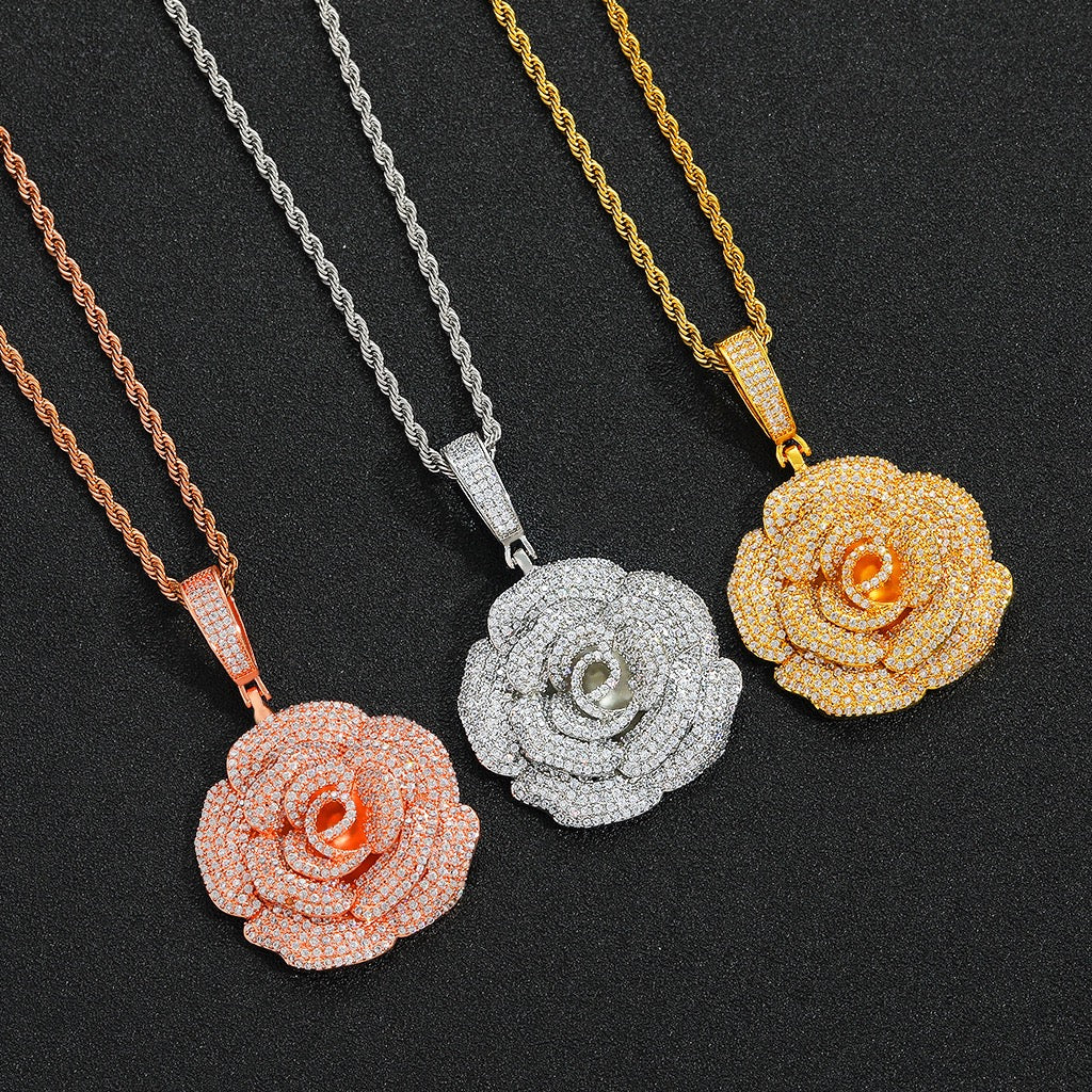 Iced Rose Flower Pendant – CZ Diamond Look, Gold/Silver/Rose Gold- Miles Jewellery