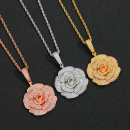 Iced Rose Flower Pendant – CZ Diamond Look, Gold/Silver/Rose Gold- Miles Jewellery
