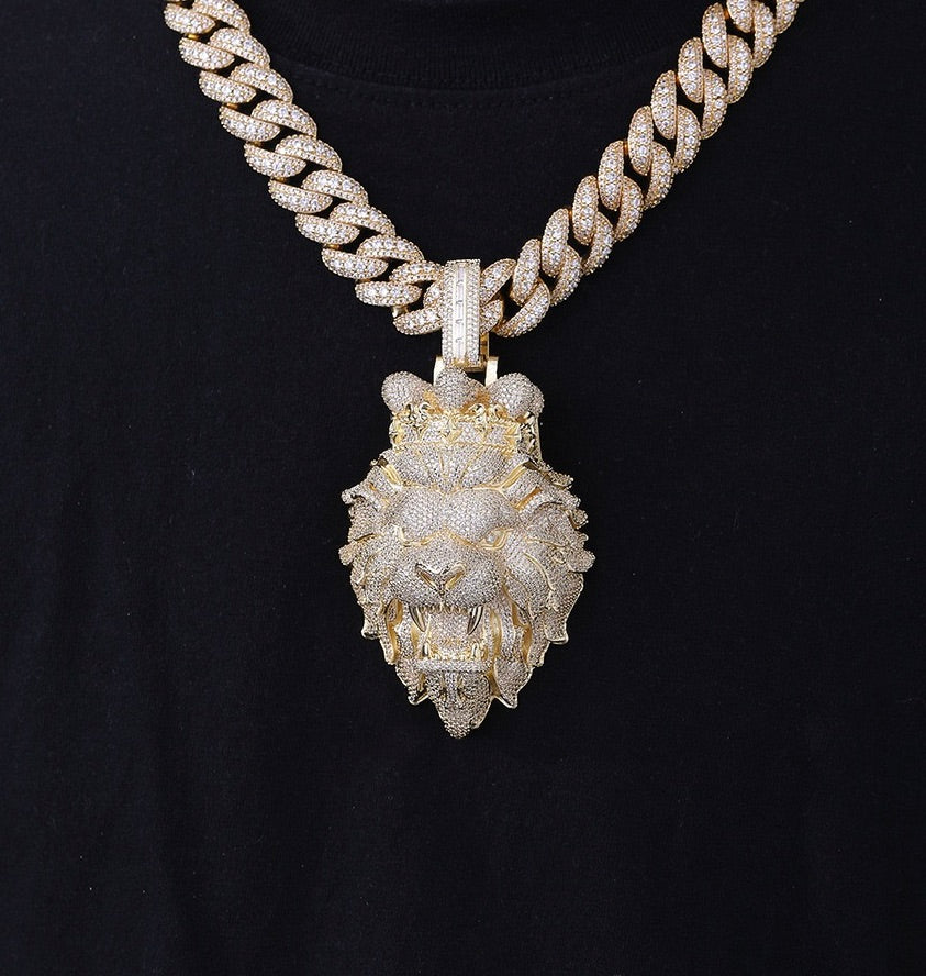 Luxury diamond-encrusted lion pendant on a thick chain against a black background
