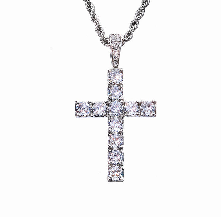 Silver-tone cross pendant with square clear stones on a rope chain