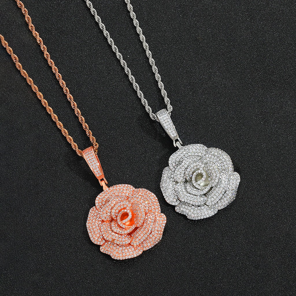 Iced Rose Flower Pendant – CZ Diamond Look, Gold/Silver/Rose Gold- Miles Jewellery