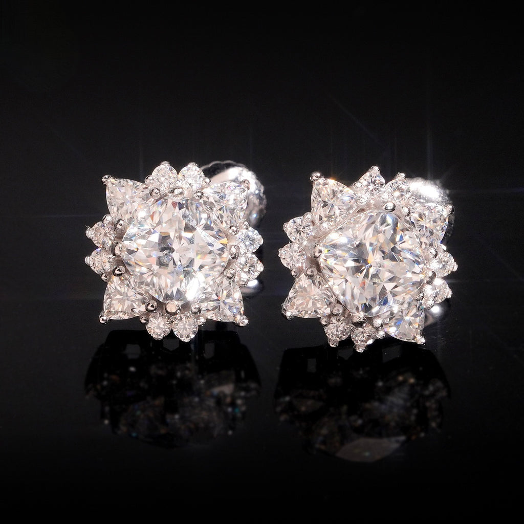 Moissanite Center Stone Flower Stud Earrings Screw Back - 925 Sterling Silver
