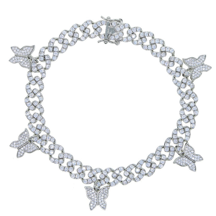 Silver-tone Cuban link bracelet with butterfly charms