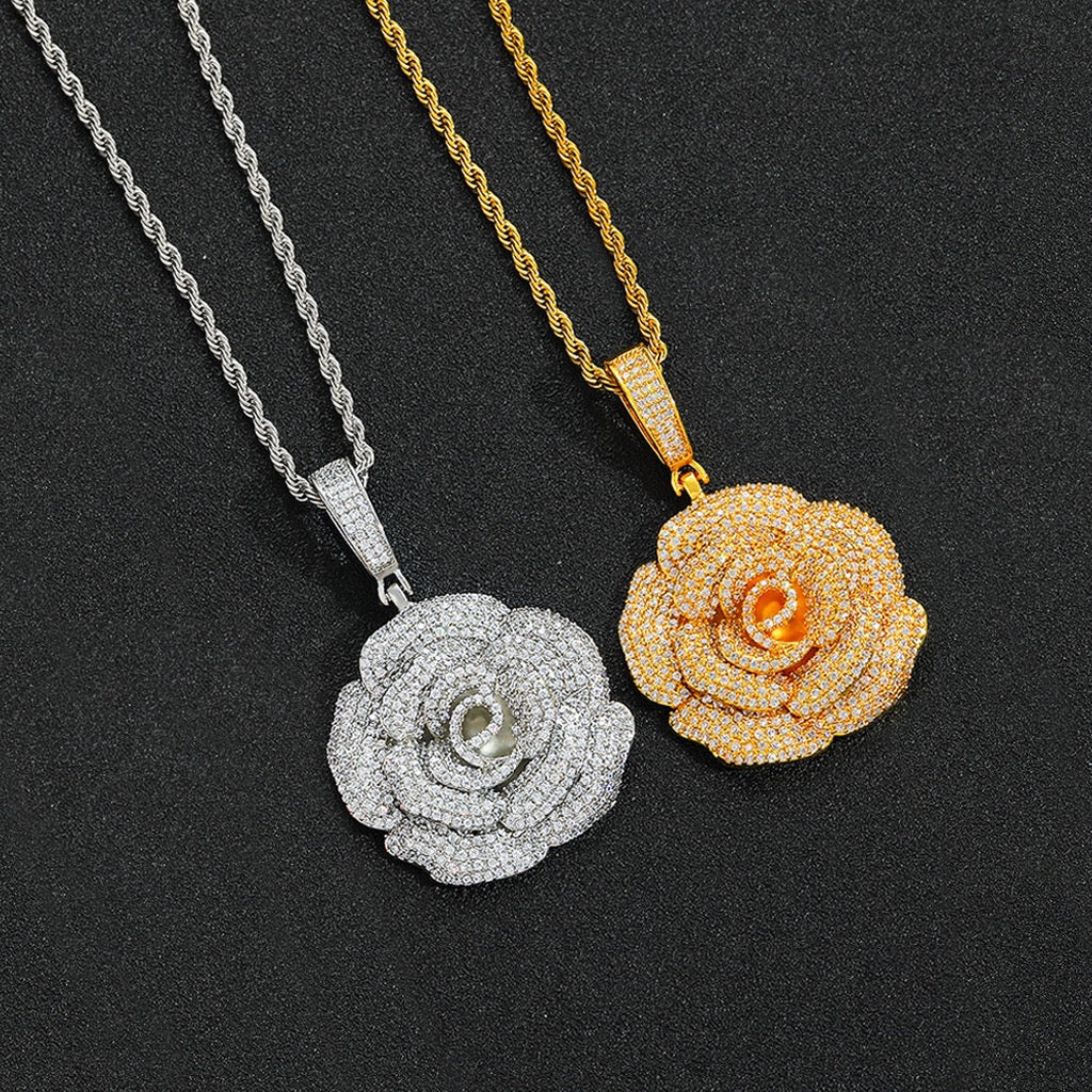Iced Rose Flower Pendant – CZ Diamond Look, Gold/Silver/Rose Gold- Miles Jewellery