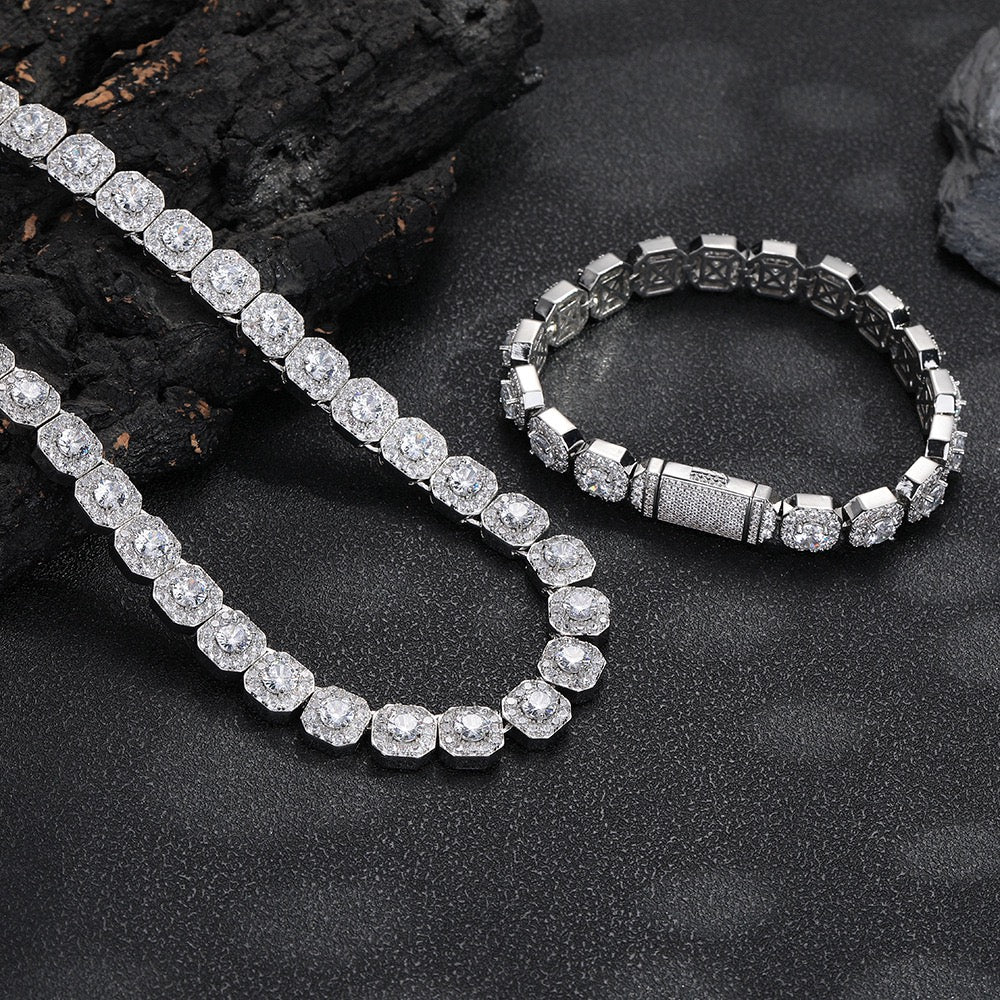 10/12mm Iced Out Halo Tennis Chain Silver - Hip Hop Necklace - Miles Jewellery